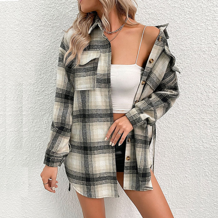 Women Checked Longline Shirt Coat with Button Placket and Waist Belt Mune Fashion