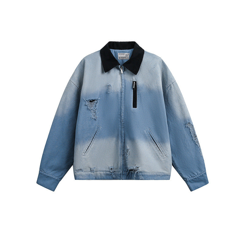 Men's Cropped Denim Blouson Jacket in Used Look with Cord Collar and Distressed Details Mune Fashion