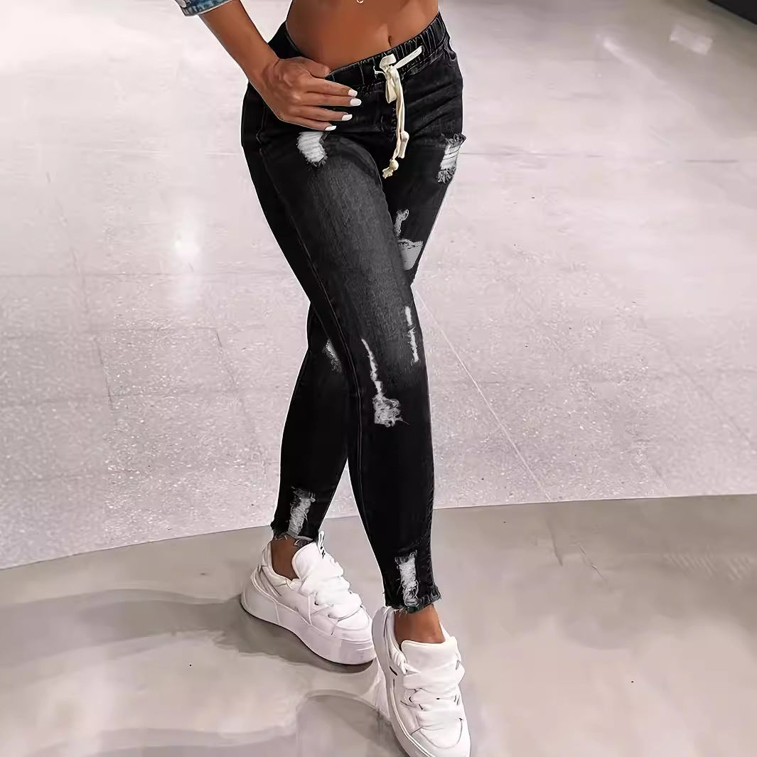 Women's Distressed High-Waist Jogger Jeans with Elastic Waistband, Drawstring and Frayed Ankle Hems Mune Fashion
