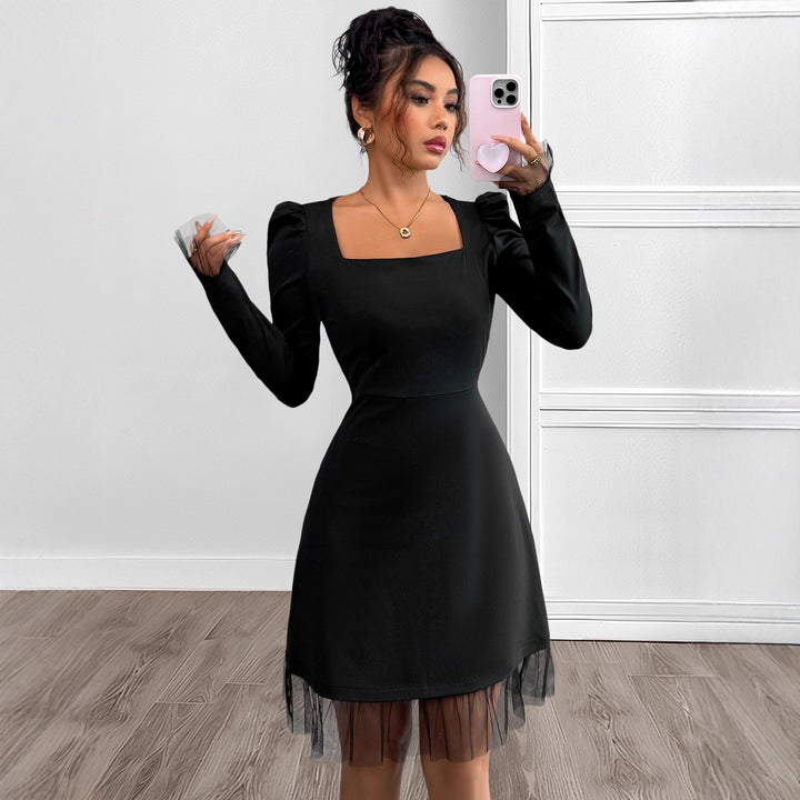 Women Elegant Dress with Puff Sleeves and Transparent Hem Mune Fashion