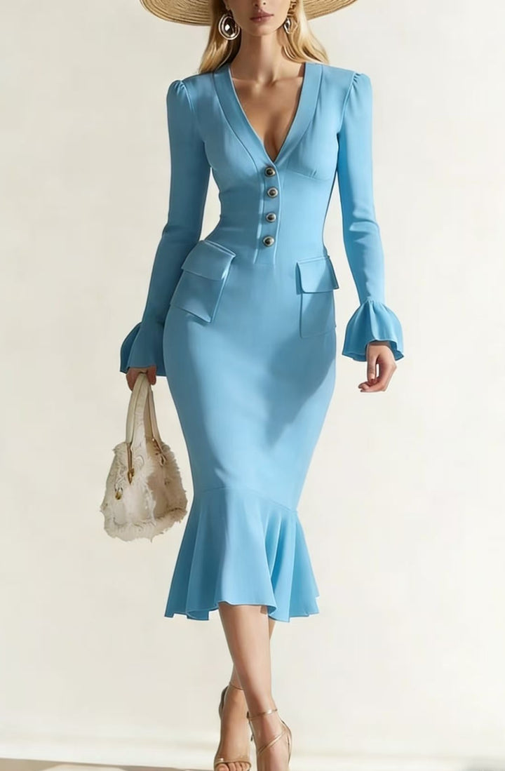Women's Elegant Fitted Midi Dress with Trumpet Hem, V-Neck and Patch Pockets Mune Fashion