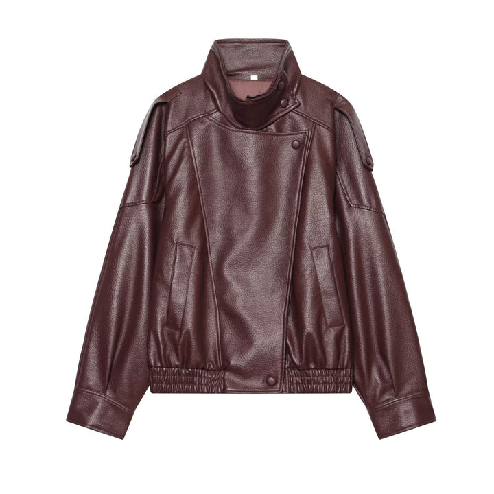 Women's Short Cut Faux Leather Bomber Jacket with Stand-Up Collar and Shoulder Straps Mune Fashion