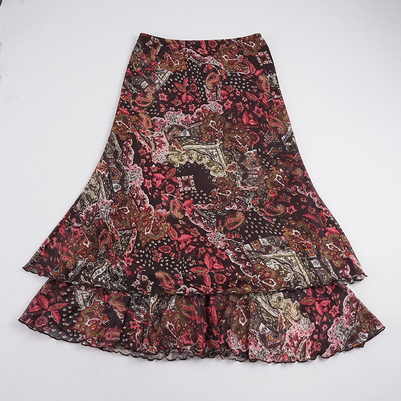 Women Chiffon Midi Skirt with Layered Ruffle, Paisley Print and Asymmetrical Hem Mune Fashion