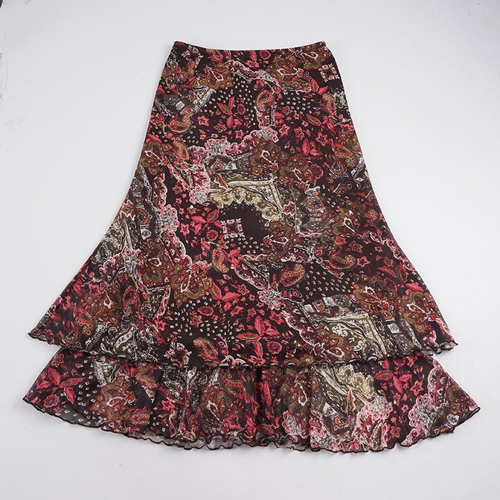 Women Chiffon Midi Skirt with Layered Ruffle, Paisley Print and Asymmetrical Hem Mune Fashion