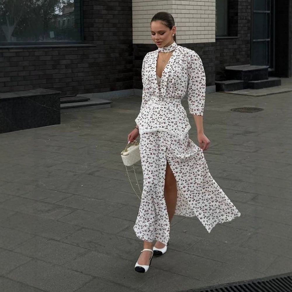 Women's Two-Piece Blouse Set with Deep V-Neck, Tailored Peplum, and Wide Palazzo Trousers Mune Fashion