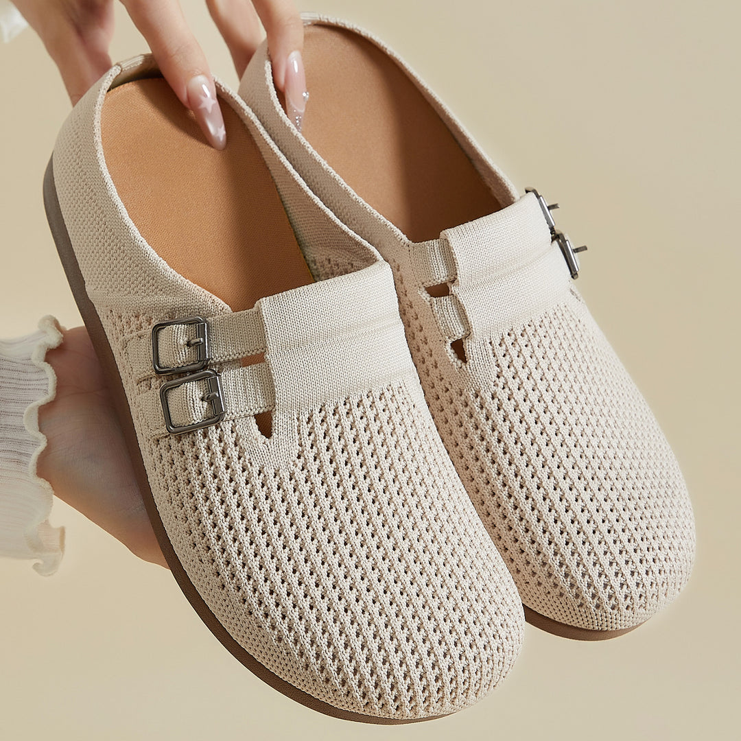 Women's knitted clog mule with double metal buckle, breathable 3D knitted upper and ergonomic memory footbed Mune Fashion