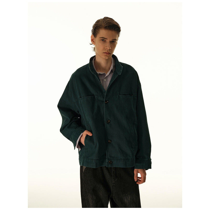 Men's Loose Canvas Overshirt with Stand-Up Collar, Patch Pockets and Distinctive Stitching Details Mune Fashion