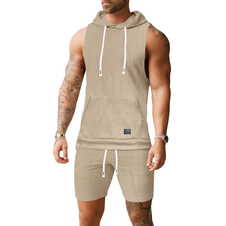 Men's sleeveless hoodie vest set made of textured cotton blend with kangaroo pocket and drawstring shorts Mune Fashion