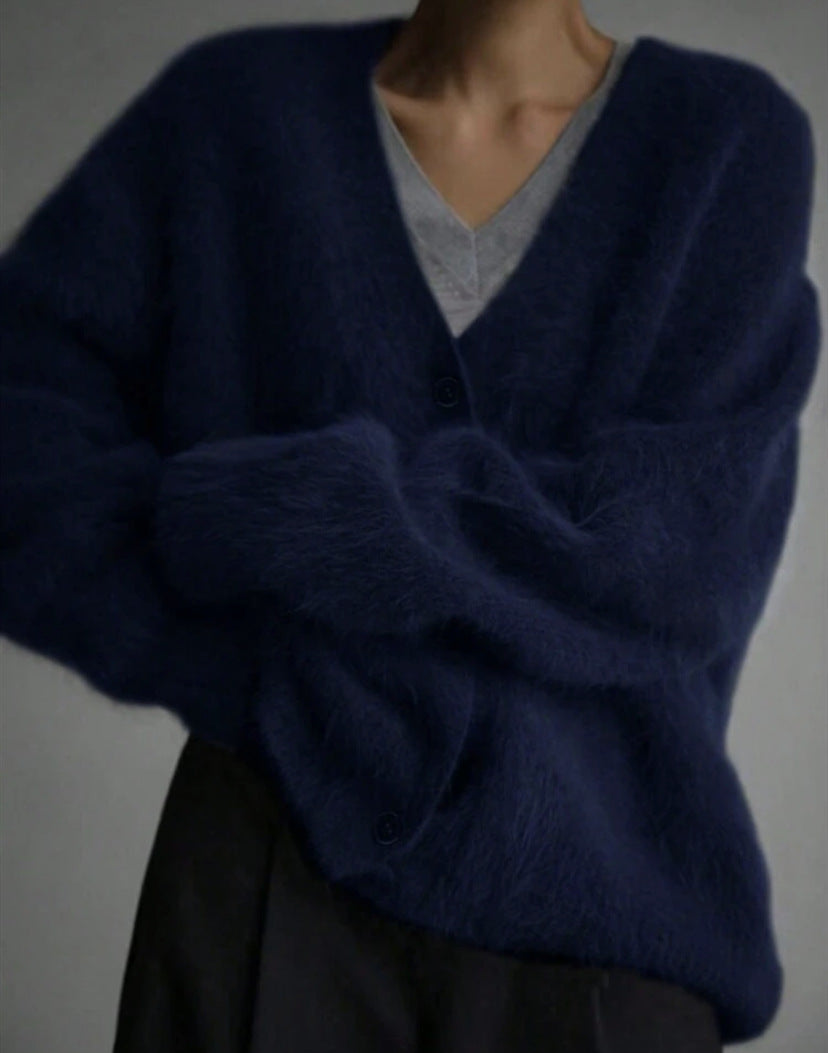 Women's Fluffy Oversize Button Cardigan with Deep V-Neck and Insert Pockets Mune Fashion