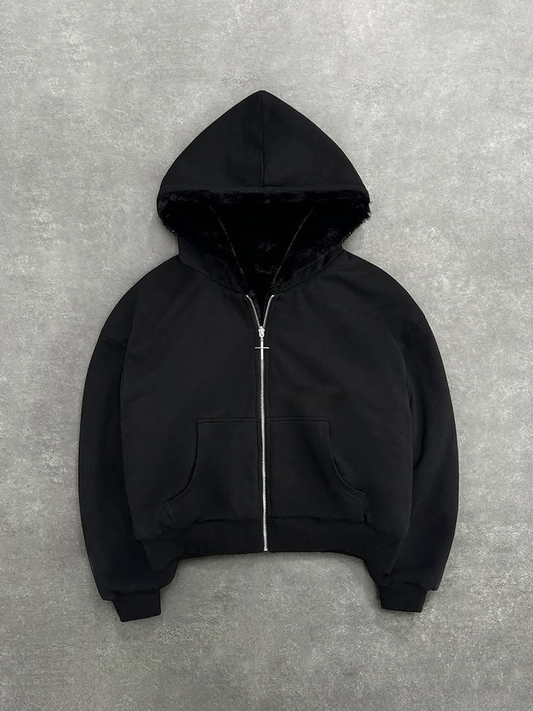 Women's short hooded jacket with faux fur lining, zipper and kangaroo pocket Mune Fashion