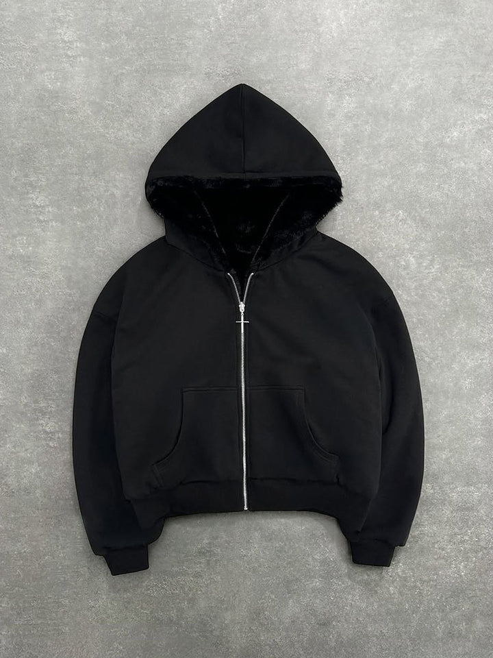 Women's short hooded jacket with faux fur lining, zipper and kangaroo pocket Mune Fashion