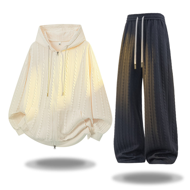 Women Crocheted Cable Knit Lounge Set with Hooded Zip Jacket & Palazzo Pants Mune Fashion