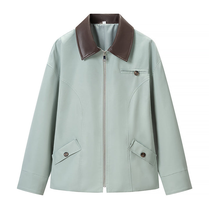 Women's Oversize Jacket in Leather Look with Contrasting Shirt Collar and Zipper Mune Fashion