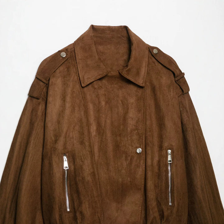 Women's Short Cut Suede Biker Jacket with Shoulder Flaps Mune Fashion