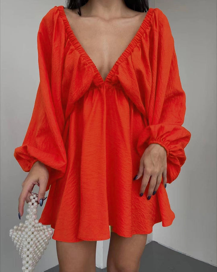 Women Loose Mini Dress with Deep V-Neck and Balloon Sleeves Mune Fashion