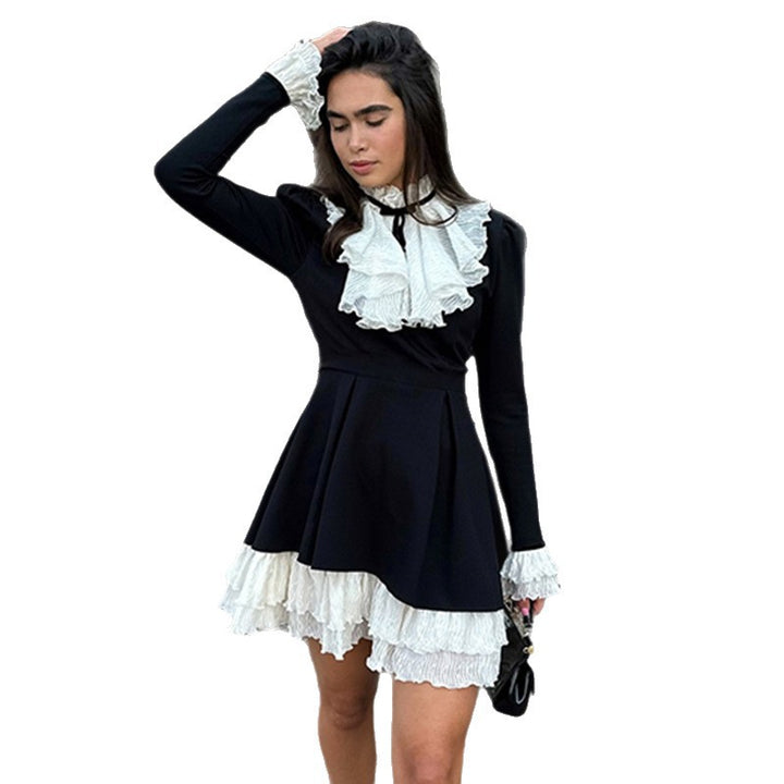 Women’s Victorian Ruffled Dress with Stand Collar, Gathered Ruffle and Multi-Layered Pleated Underskirt Mune Fashion