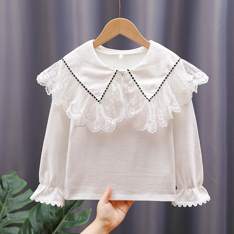 Women Vintage Long Sleeve Shirt with Lace Collar Mune Fashion