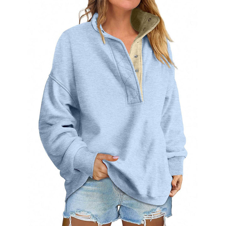 Women's Oversized Henley Sweatshirt with Stand-Up Collar and Snap Button Placket Mune Fashion