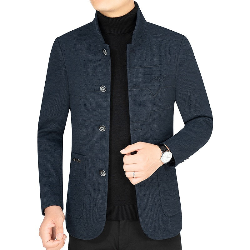 Men's Stand Collar Blazer made of textured wool blend with decorative seams and patch pockets Mune Fashion
