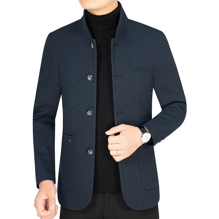 Men's Stand Collar Blazer made of textured wool blend with decorative seams and patch pockets Mune Fashion