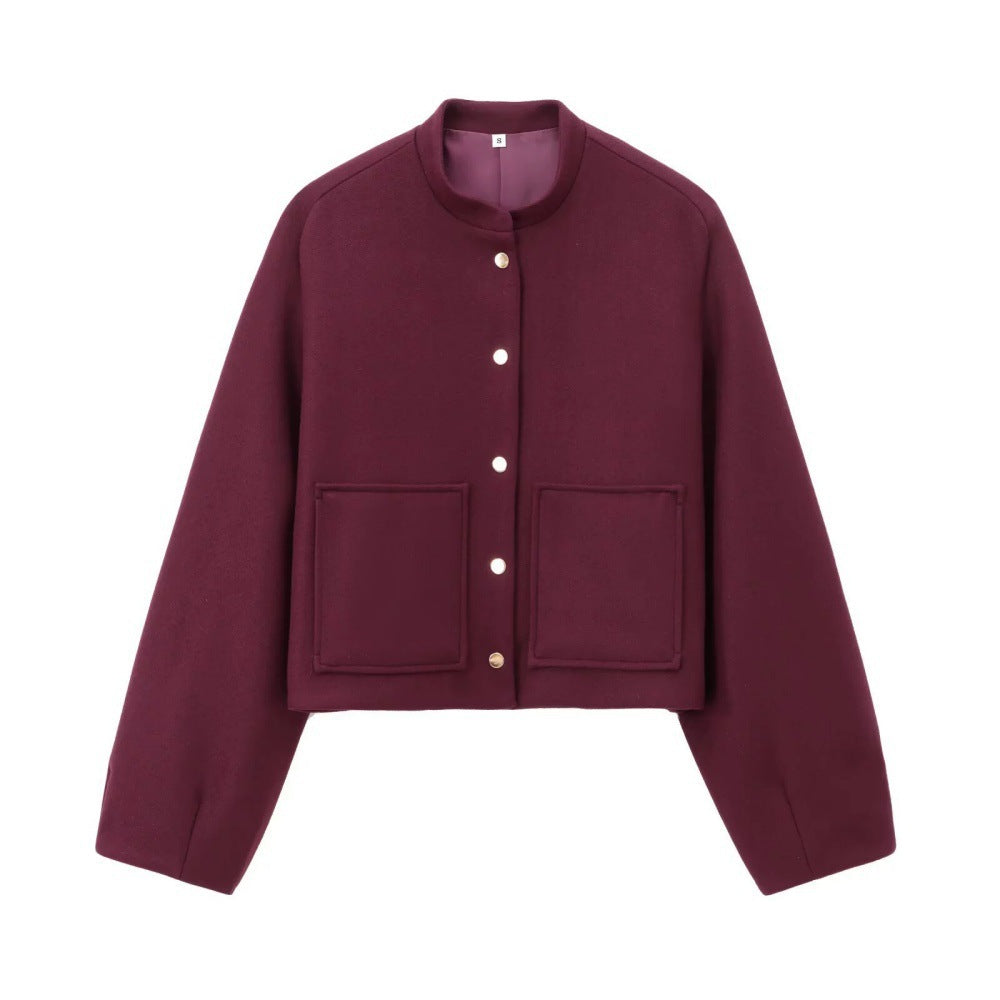 Women's Cropped Wool Boxy Jacket with Short Stand Collar and Patch Pockets Mune Fashion