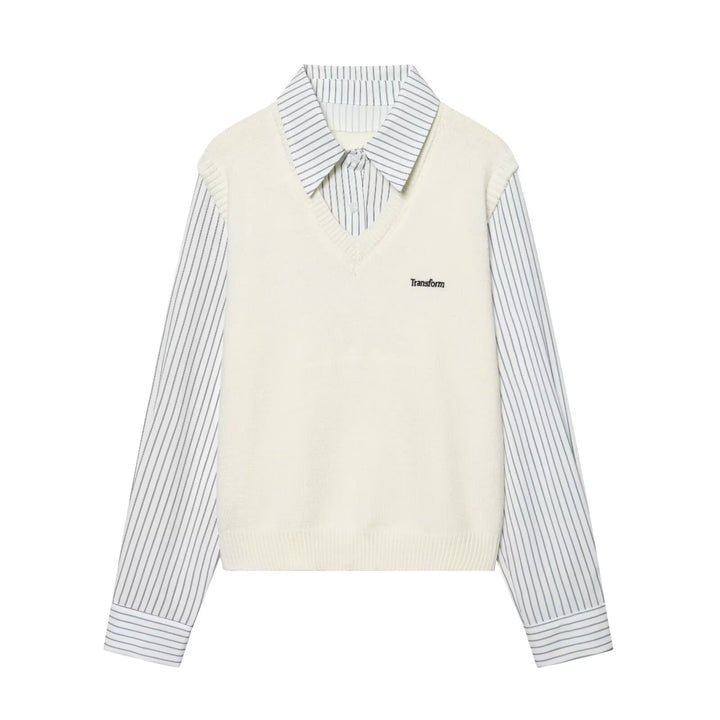 Ladies Layered Look Shirt with V-Neck Knit Vest Mune Fashion