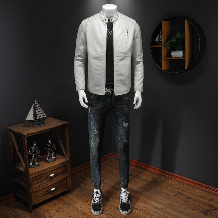 Men's Stylish Leather Jacket with Narrow Collar Mune Fashion