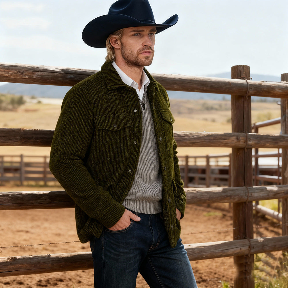 Men's Ribbed Cord Jacket with Flap Pockets and Shirt Collar Mune Fashion