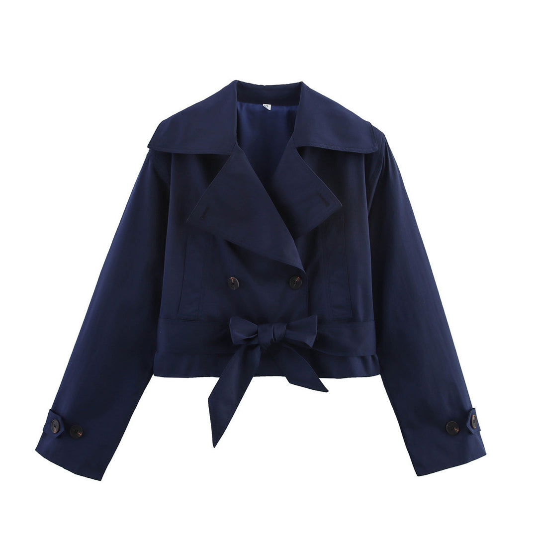 Women nan short-cut trench coat with wide lapel, double-breasted button placket and bow belt Mune Fashion