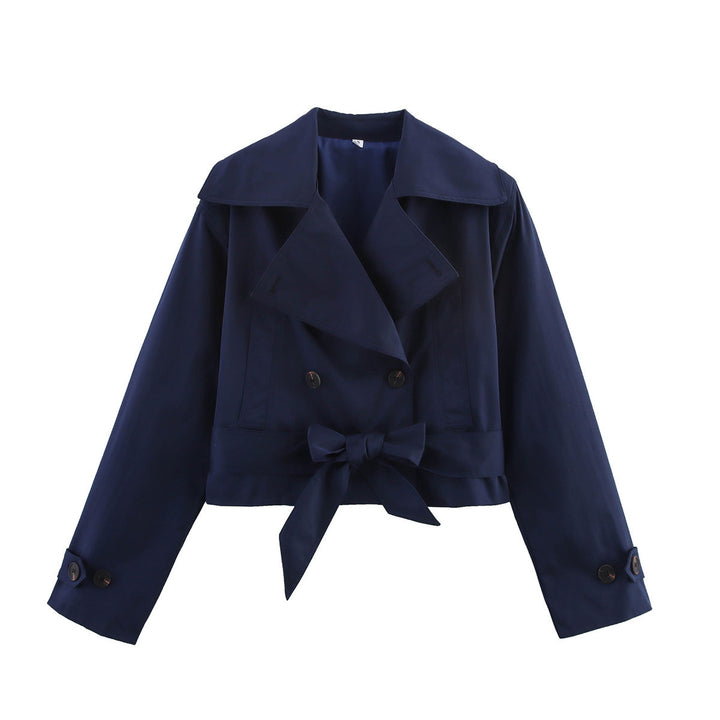 Women nan short-cut trench coat with wide lapel, double-breasted button placket and bow belt Mune Fashion