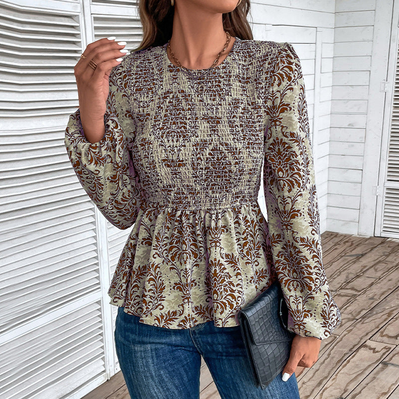 Women's Gathered Smock Blouse Shirt with Peplum and Voluminous Puff Sleeves Mune Fashion