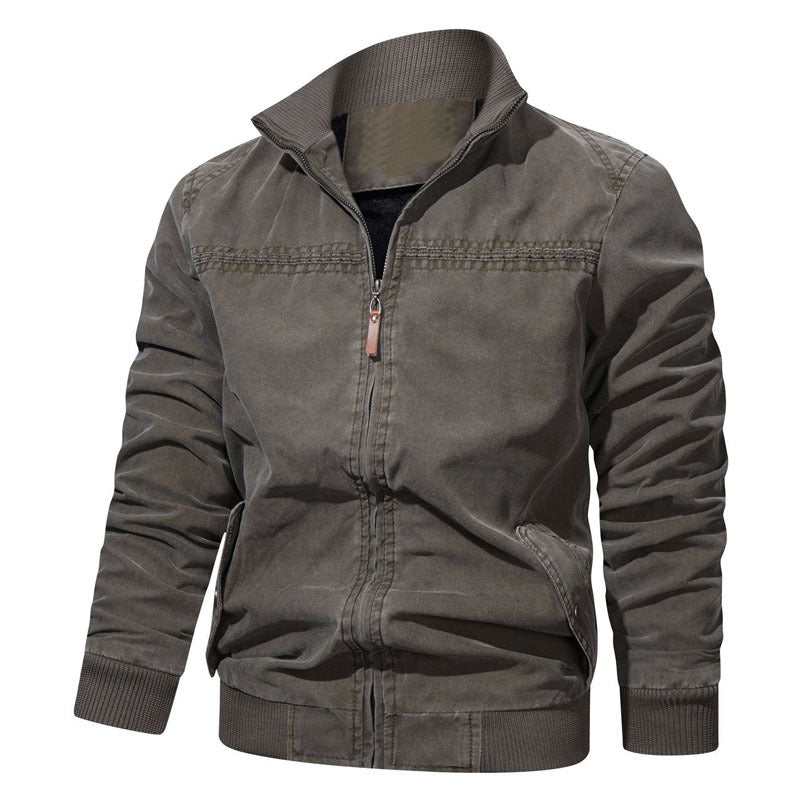 Men's Cotton Canvas Zip Blouson in Vintage Look with Structured Stand Collar and Ribbed Cuffs Mune Fashion