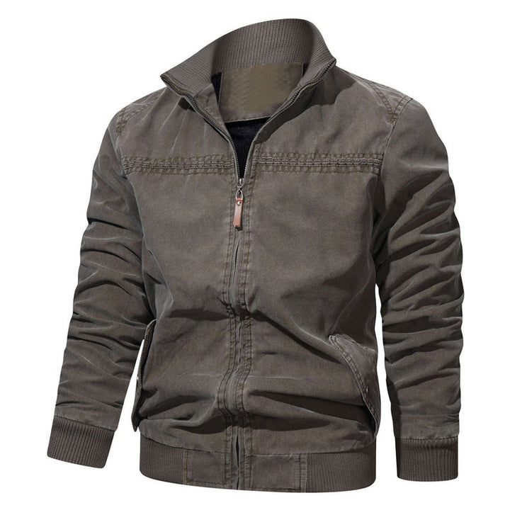 Men's Cotton Canvas Zip Blouson in Vintage Look with Structured Stand Collar and Ribbed Cuffs Mune Fashion