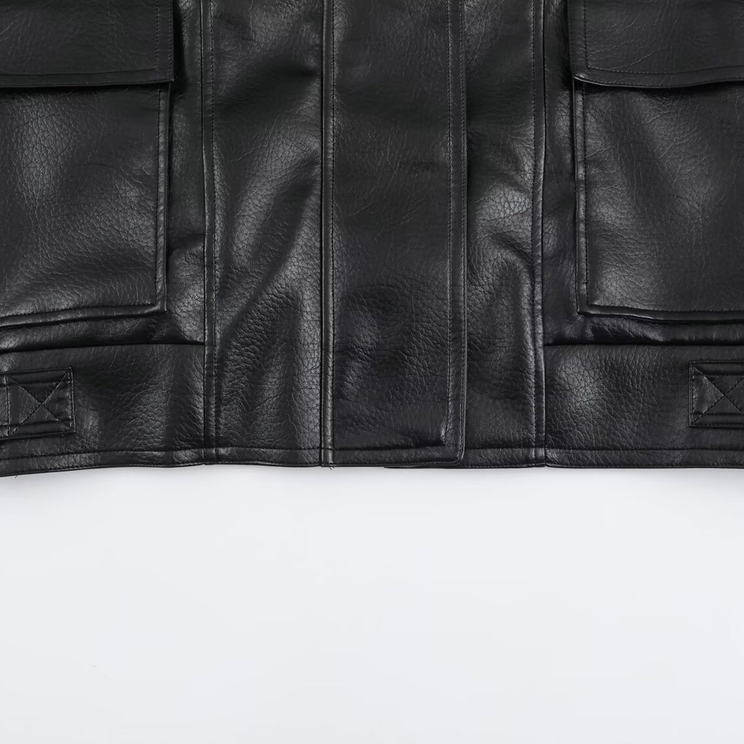 Women's Oversized Faux Leather Field Jacket with High Stand Collar and Flap Pockets Mune Fashion