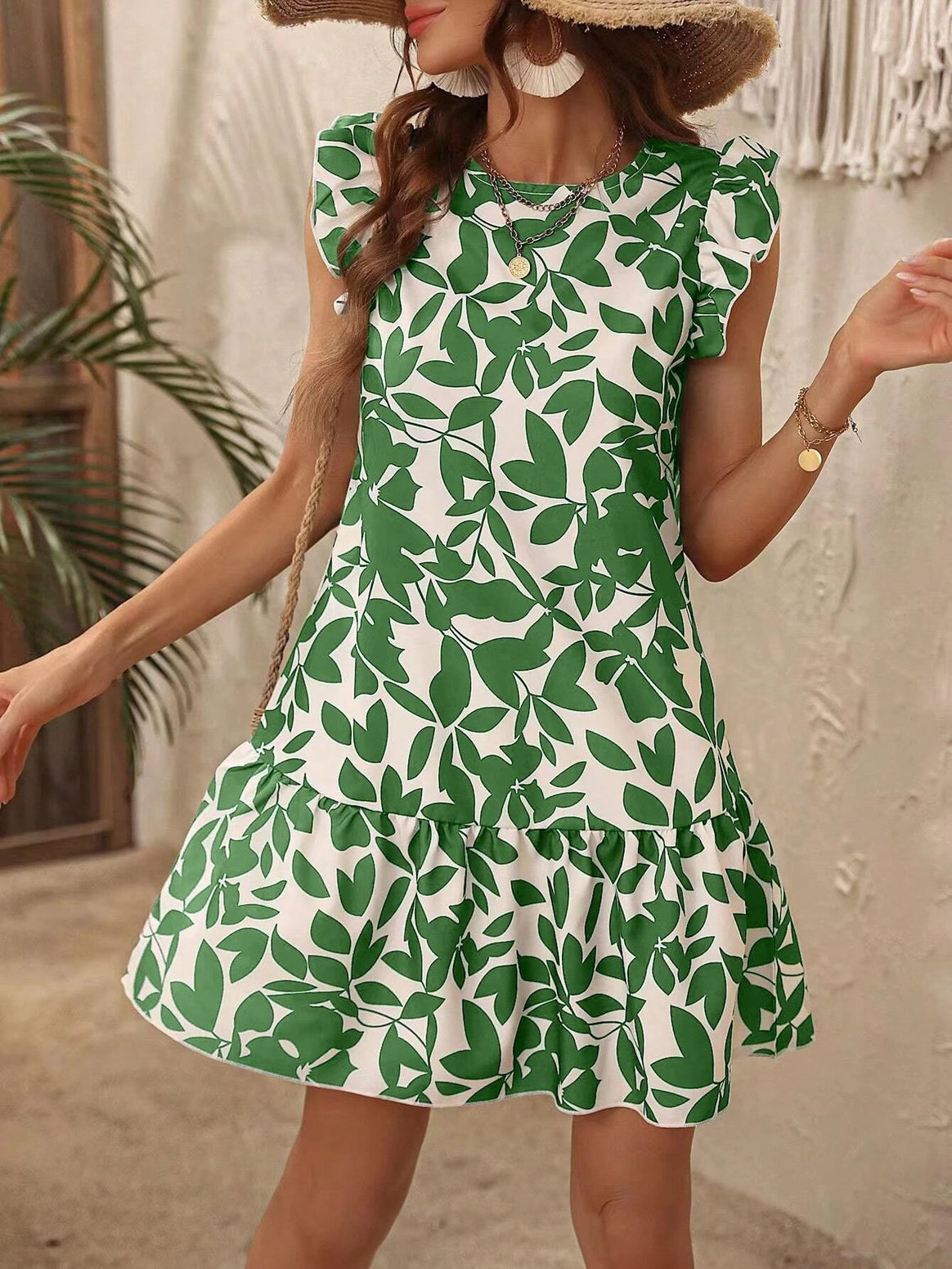 Women’s Light Tiered Short Dress with Ruffled Sleeves and Botanical Print Mune Fashion