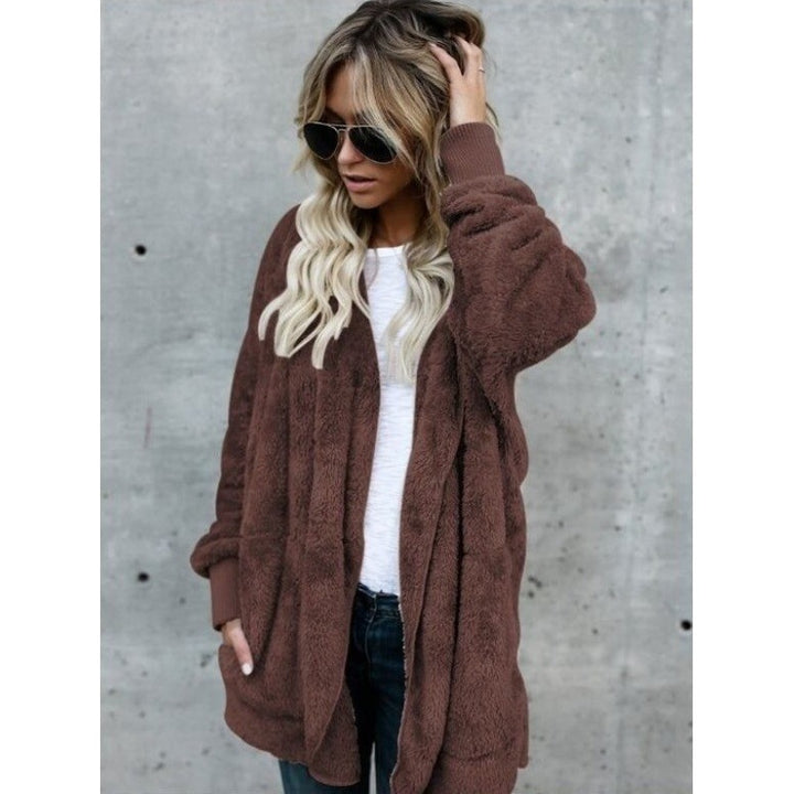 Women's Cozy Teddy Fleece Cardigan with Hood, Oversized Cut and Patch Pockets Mune Fashion
