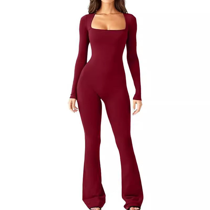 Women's form-fitting long-sleeve jumpsuit with square neckline and flared pants Mune Fashion