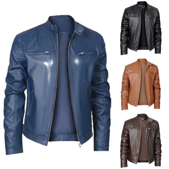 Men's slim faux leather biker jacket with stand-up collar, full zip and two chest pockets Mune Fashion