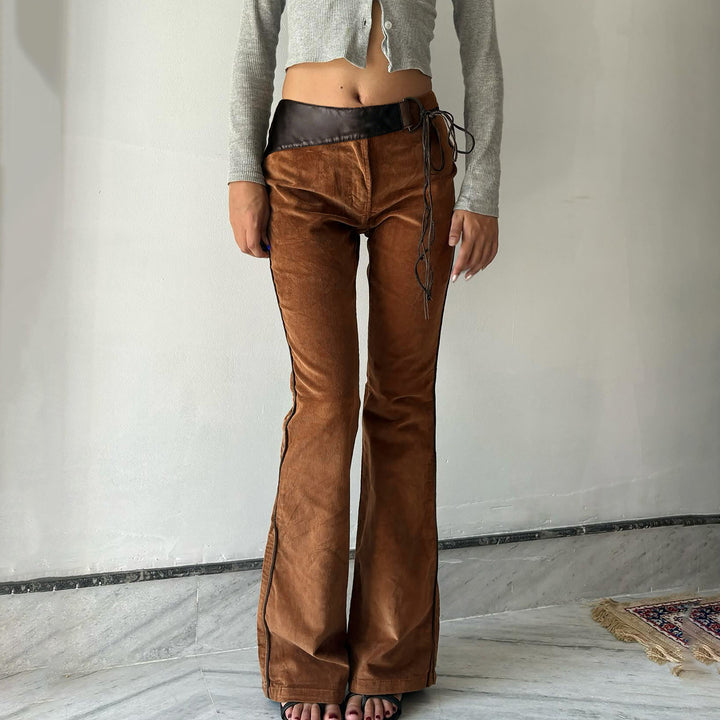 Women's corduroy pants with a high waistband, leather trim, and tie belt Mune Fashion