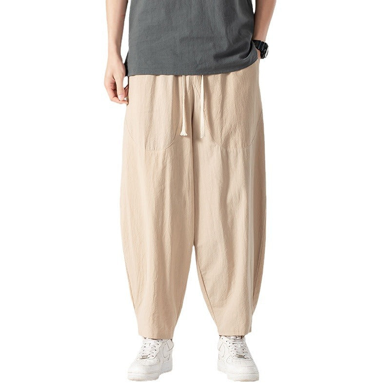 Men's Casual Linen-Cotton Pants with Wide Leg, Drawstring, and Patch Pockets Mune Fashion