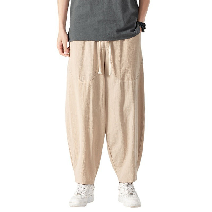 Men's Casual Linen-Cotton Pants with Wide Leg, Drawstring, and Patch Pockets Mune Fashion