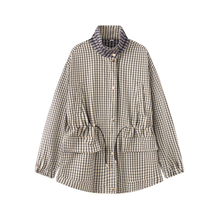 Women Checked Oversize Parka Jacket with Drawstring and Stand-up Collar Mune Fashion