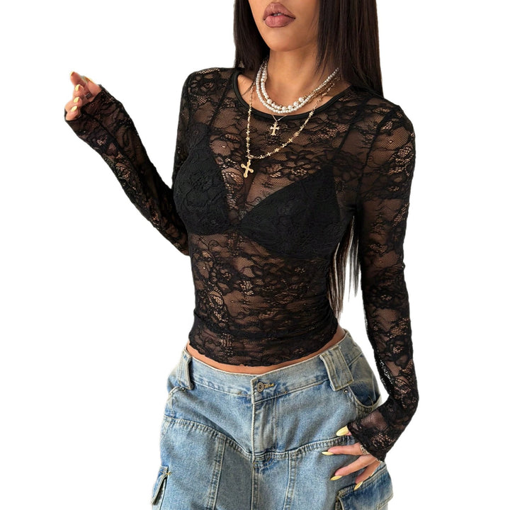 Women’s tailored transparent lace long sleeve with floral openwork pattern and stretch Mune Fashion