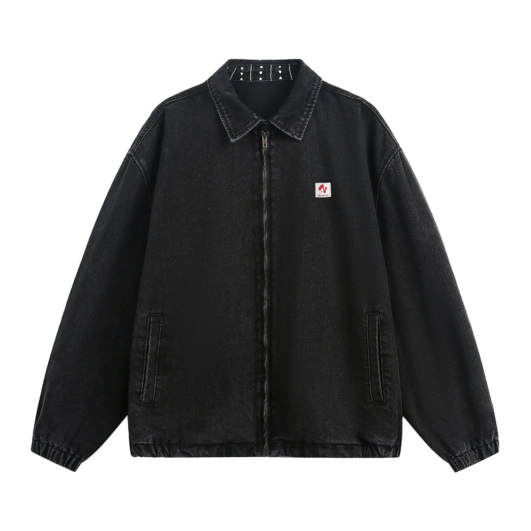 Unisex Oversized Vintage-wash Denim Jacket with Kent Collar, Zipper and Elastic Hem Mune Fashion