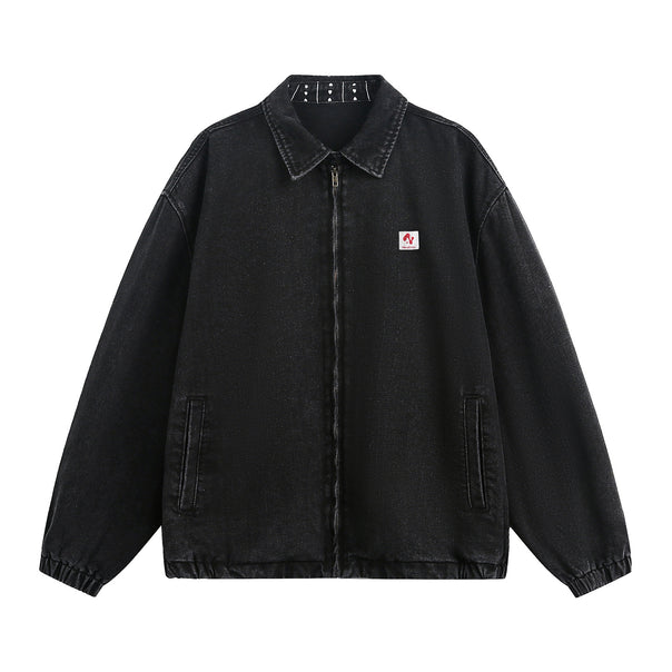 Unisex Oversized Vintage-wash Denim Jacket with Kent Collar, Zipper and Elastic Hem Mune Fashion
