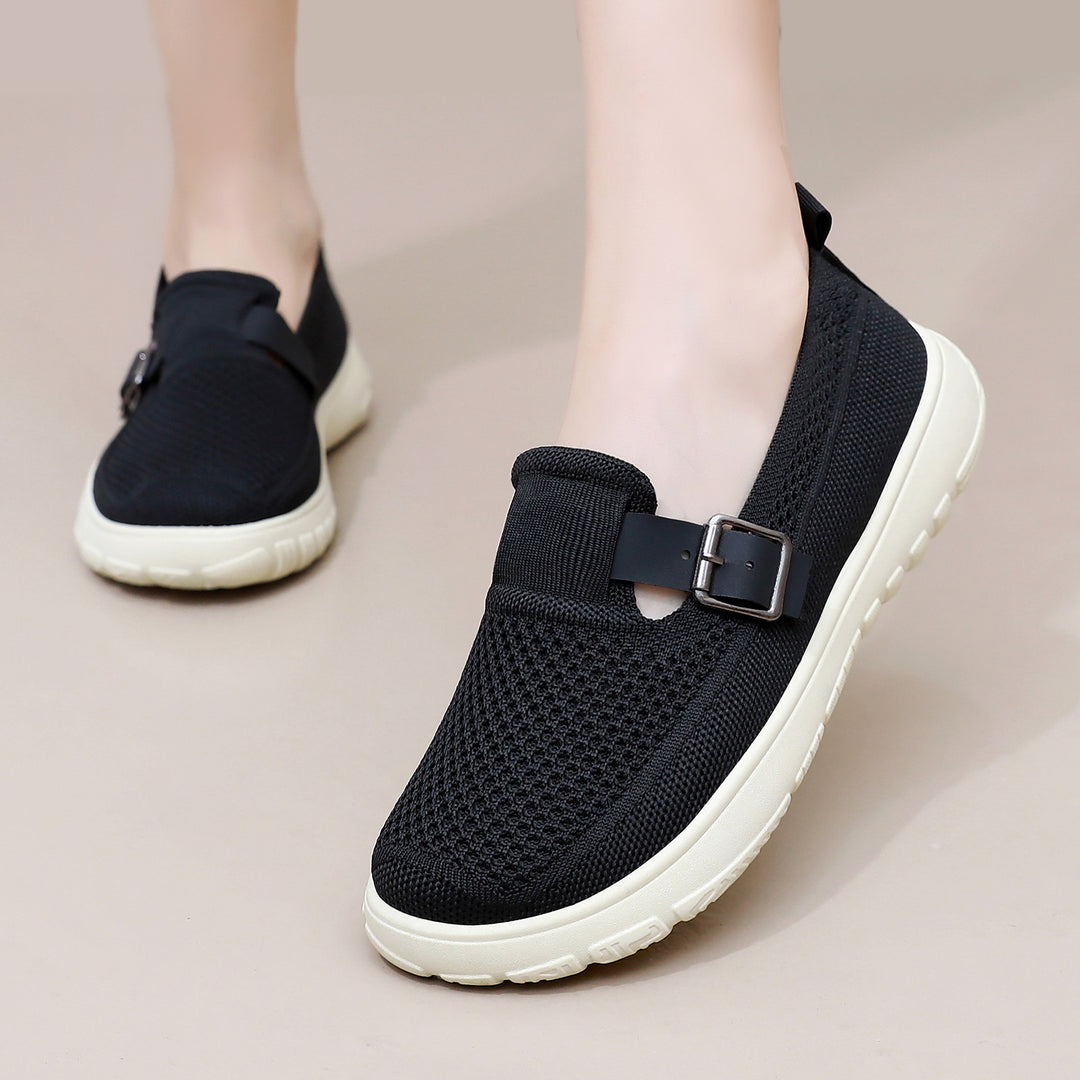 Women's breathable knit slip-on with adjustable metal buckle and cushioned lightweight EVA sole Mune Fashion