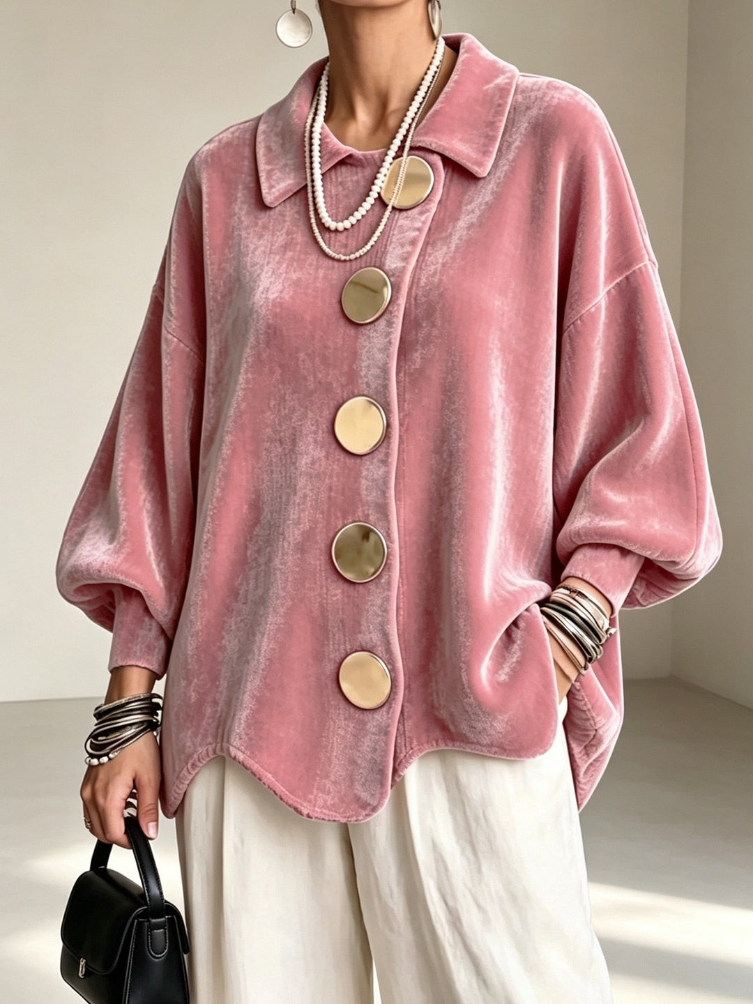 Women's Oversized Velvet Jacket with Large Decorative Buttons and Balloon Sleeves Mune Fashion