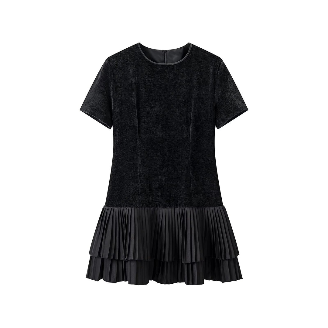 Women's velvet midi dress with short sleeves and tiered pleated skirt Mune Fashion