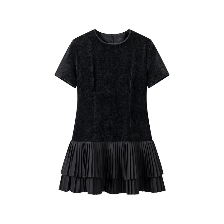 Women's velvet midi dress with short sleeves and tiered pleated skirt Mune Fashion