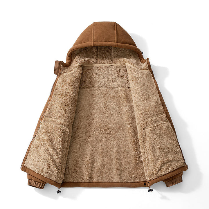 Men's fleece hooded jacket with teddy lining, zippered pockets, and adjustable hem Mune Fashion